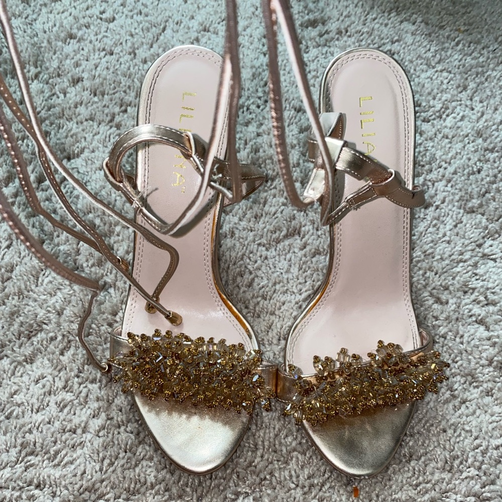 Rose gold heels with beaded detail